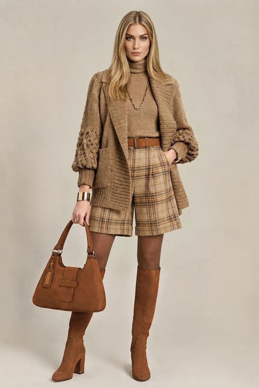 Women's cognac custom-made classic knee-high boots with round toe and high block heel- Top view